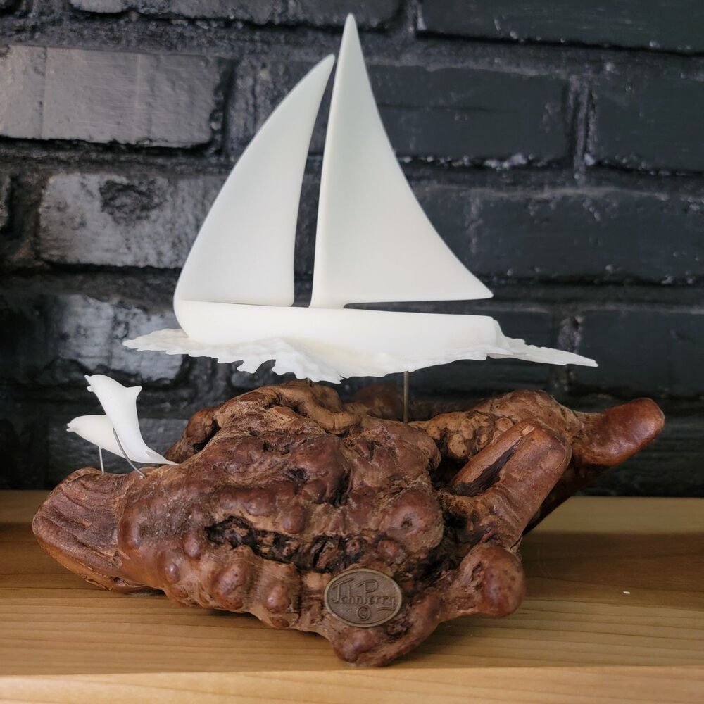Vintage John Perry Sailboat Dolphin Sculpture Burl Wood w/Original Tag 10"x9"x7"